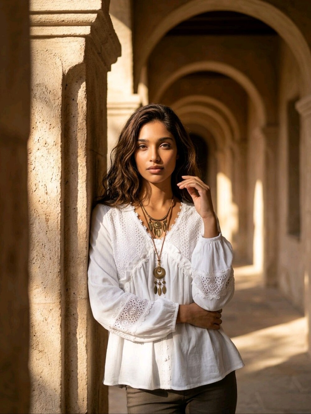 White Lace Yoke Boho Peasant Top - Picture 5 of 13